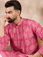 Men Pink Silk Blend Floral Printed Straight Kurta With Trouser-MKSET1972