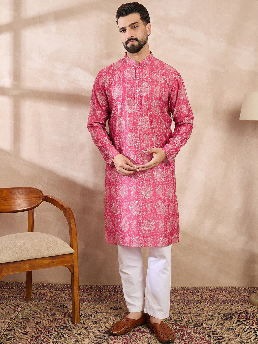 Men Pink Silk Blend Floral Printed Straight Kurta With Trouser-MKSET1972