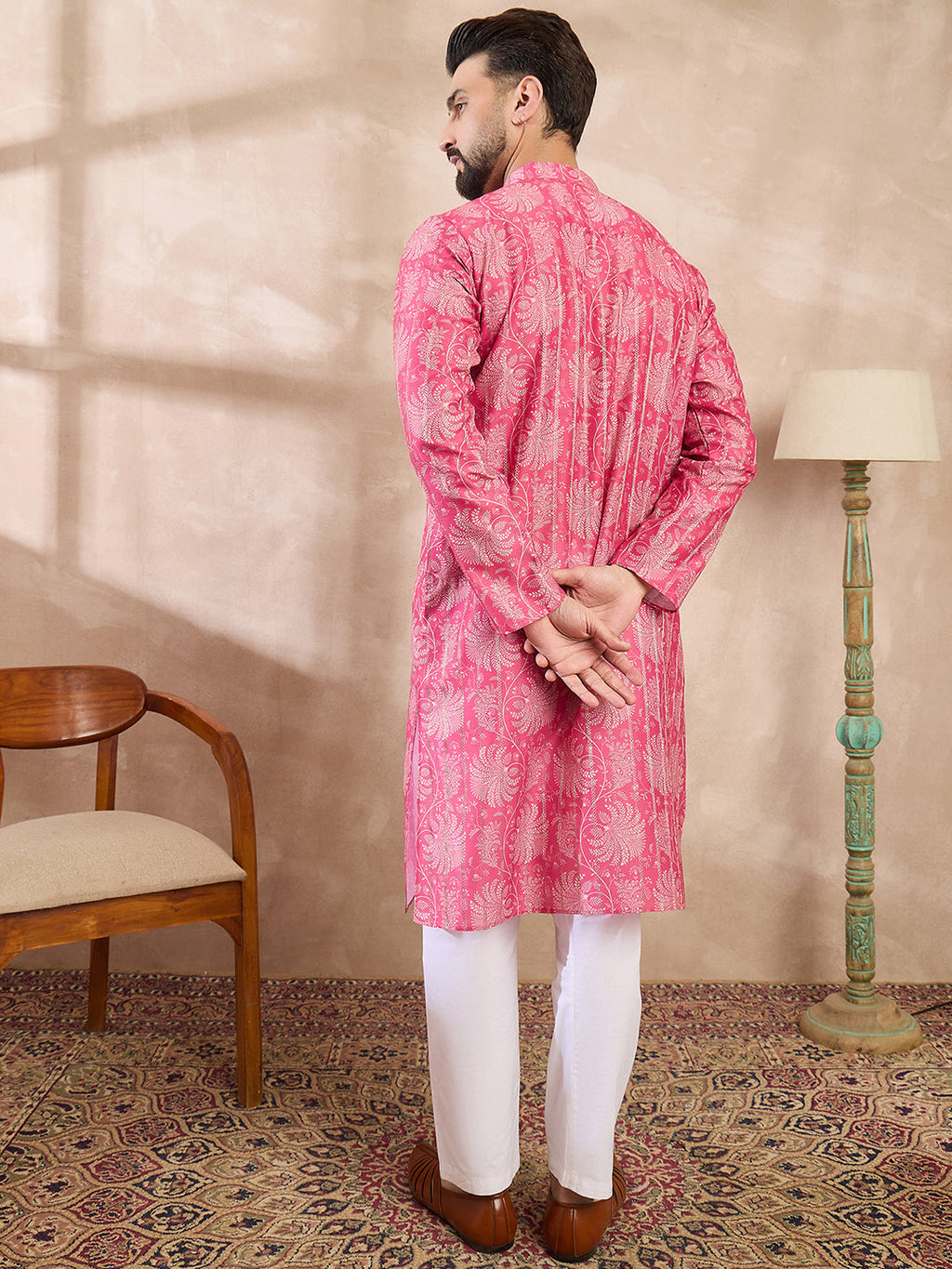 Men Pink Silk Blend Floral Printed Straight Kurta With Trouser-MKSET1972