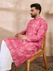 Men Pink Silk Blend Floral Printed Straight Kurta With Trouser-MKSET1972