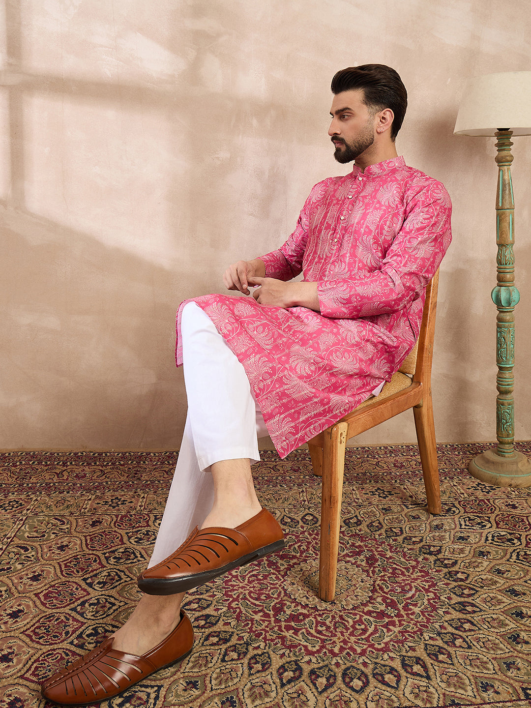 Men Pink Silk Blend Floral Printed Straight Kurta With Trouser-MKSET1972