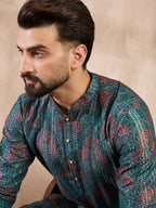 Men Blue Silk Blend Floral Printed Straight Kurta With Trouser-MKSET1974