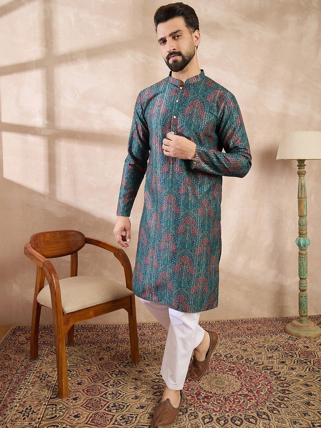 Men Blue Silk Blend Floral Printed Straight Kurta With Trouser-MKSET1974