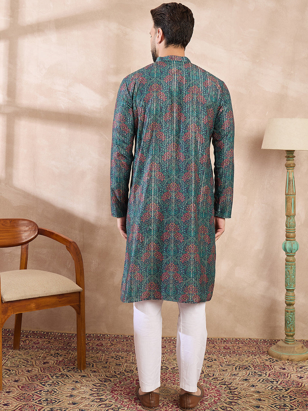 Men Blue Silk Blend Floral Printed Straight Kurta With Trouser-MKSET1974