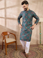 Men Blue Silk Blend Floral Printed Straight Kurta With Trouser-MKSET1974