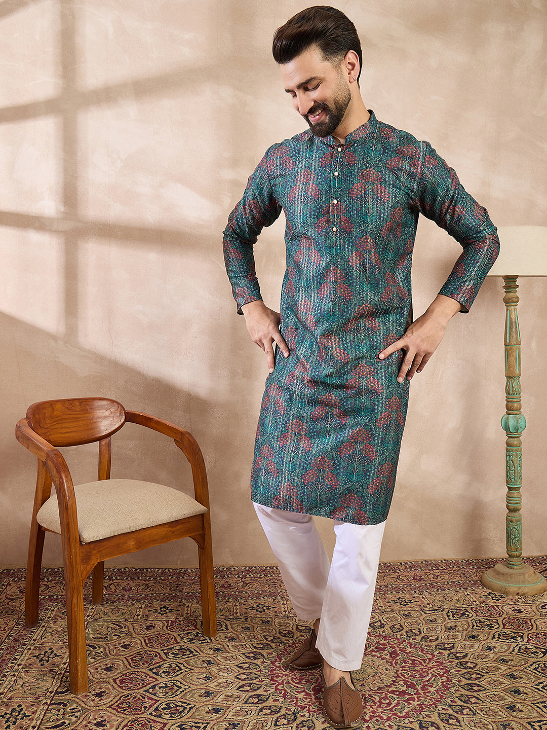 Men Blue Silk Blend Floral Printed Straight Kurta With Trouser-MKSET1974