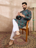 Men Blue Silk Blend Floral Printed Straight Kurta With Trouser-MKSET1974