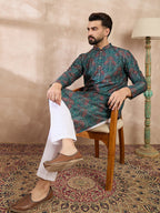 Men Blue Silk Blend Floral Printed Straight Kurta With Trouser-MKSET1974