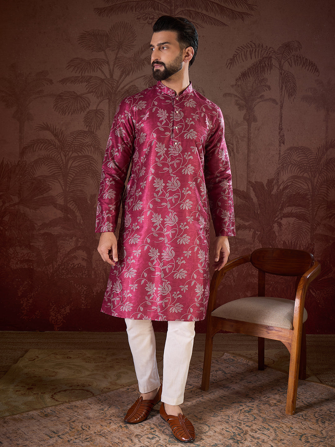 Men Red Silk Blend Floral Printed Straight Kurta With Trouser-MKSET1975