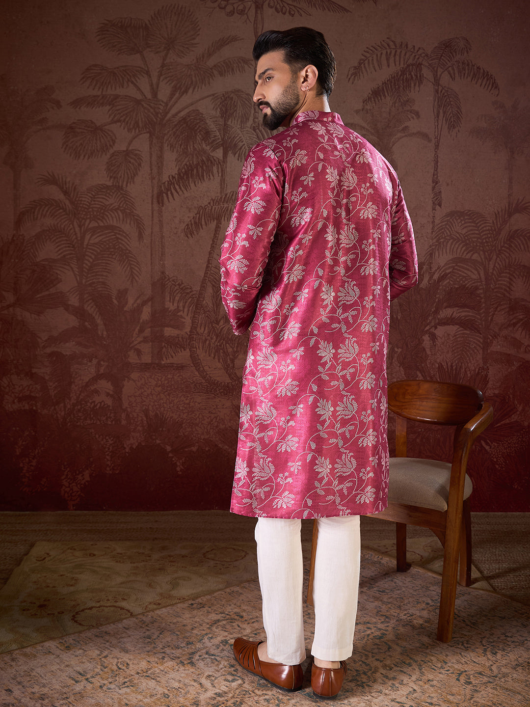 Men Red Silk Blend Floral Printed Straight Kurta With Trouser-MKSET1975
