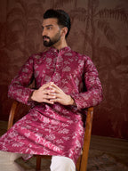 Men Red Silk Blend Floral Printed Straight Kurta With Trouser-MKSET1975