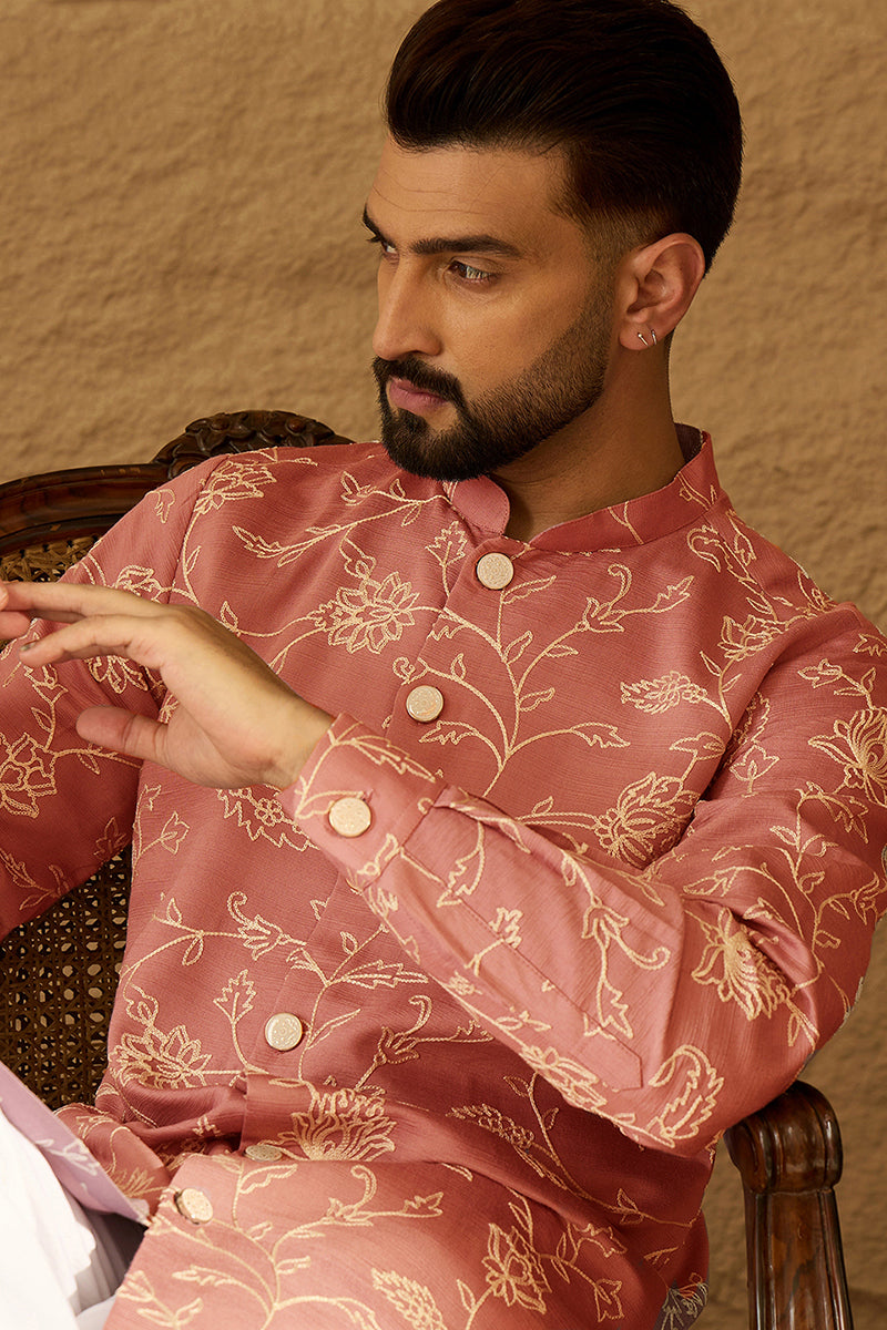 Peach Viscose Rayon Embroidered Mandarin Collar Straight Kurta With Trouser MKSET1989