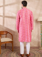 Men Pink Silk Blend Ethnic Motifs Printed Straight Kurta With Trouser-MKSET1990