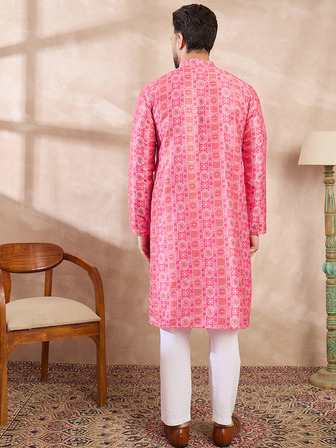 Men Pink Silk Blend Ethnic Motifs Printed Straight Kurta With Trouser-MKSET1990