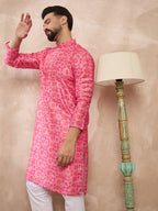 Men Pink Silk Blend Ethnic Motifs Printed Straight Kurta With Trouser-MKSET1990