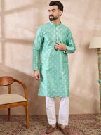 Men Teal Silk Blend Ethnic Motifs Printed Straight Kurta With Trouser-MKSET1992