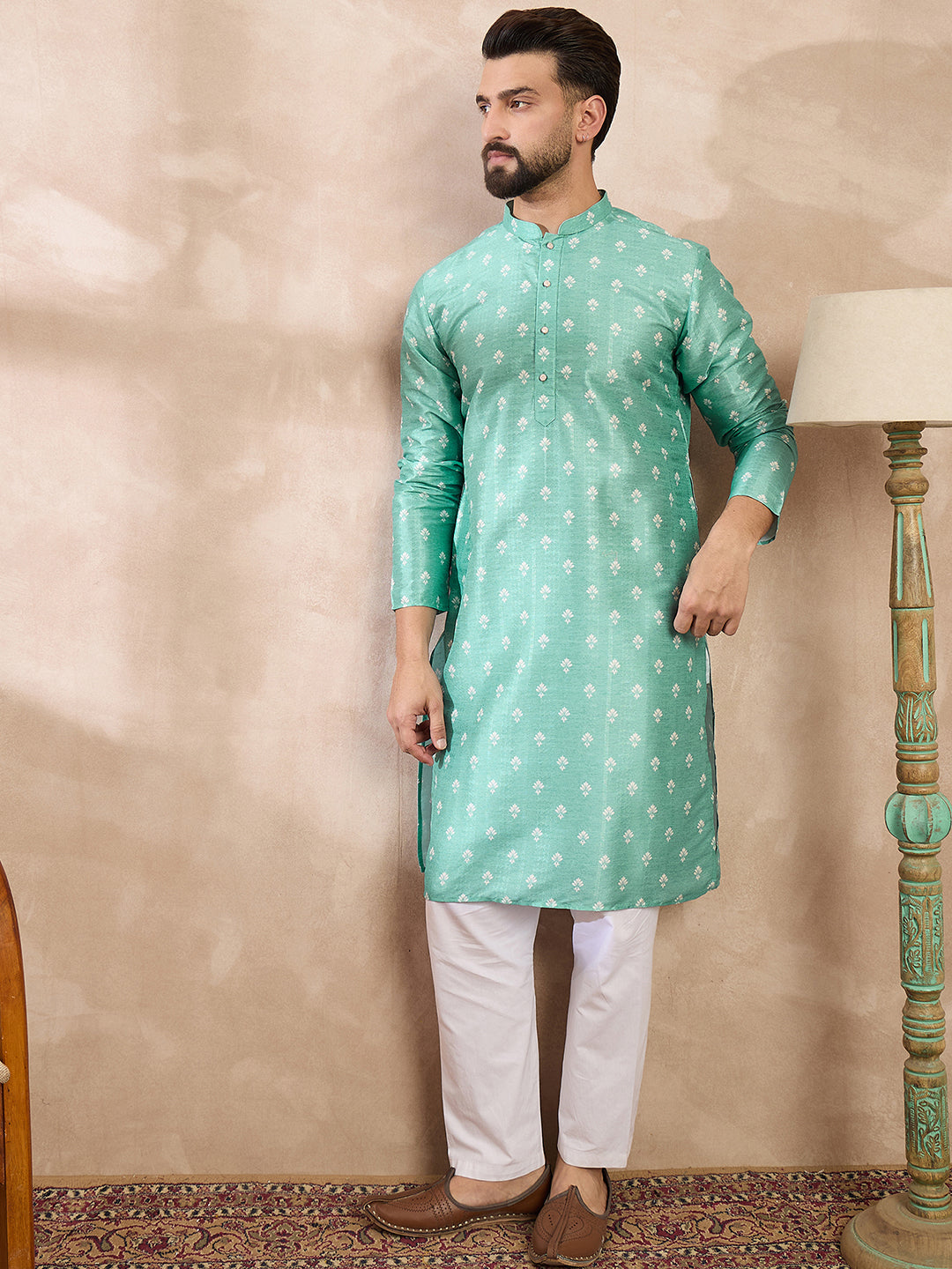 Men Teal Silk Blend Ethnic Motifs Printed Straight Kurta With Trouser-MKSET1992