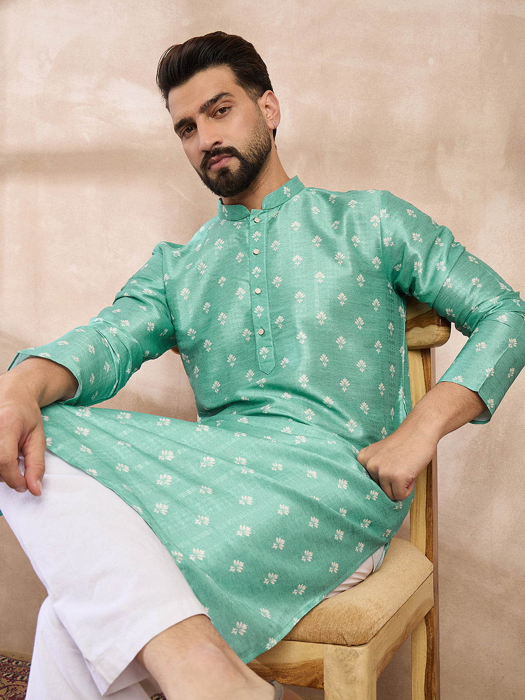 Men Teal Silk Blend Ethnic Motifs Printed Straight Kurta With Trouser-MKSET1992