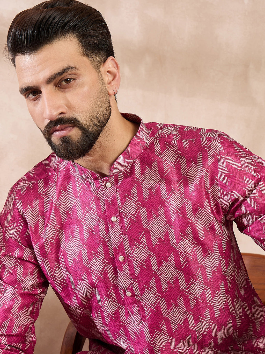 Men Pink Silk Blend Abstract Printed Straight Kurta With Trouser-MKSET1994