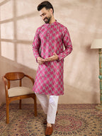 Men Pink Silk Blend Abstract Printed Straight Kurta With Trouser-MKSET1994