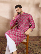 Men Pink Silk Blend Abstract Printed Straight Kurta With Trouser-MKSET1994