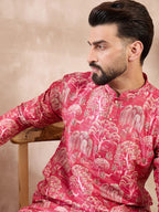 Men Pink Silk Blend Abstract Printed Straight Kurta With Trouser-MKSET1995