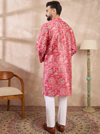 Men Pink Silk Blend Abstract Printed Straight Kurta With Trouser-MKSET1995