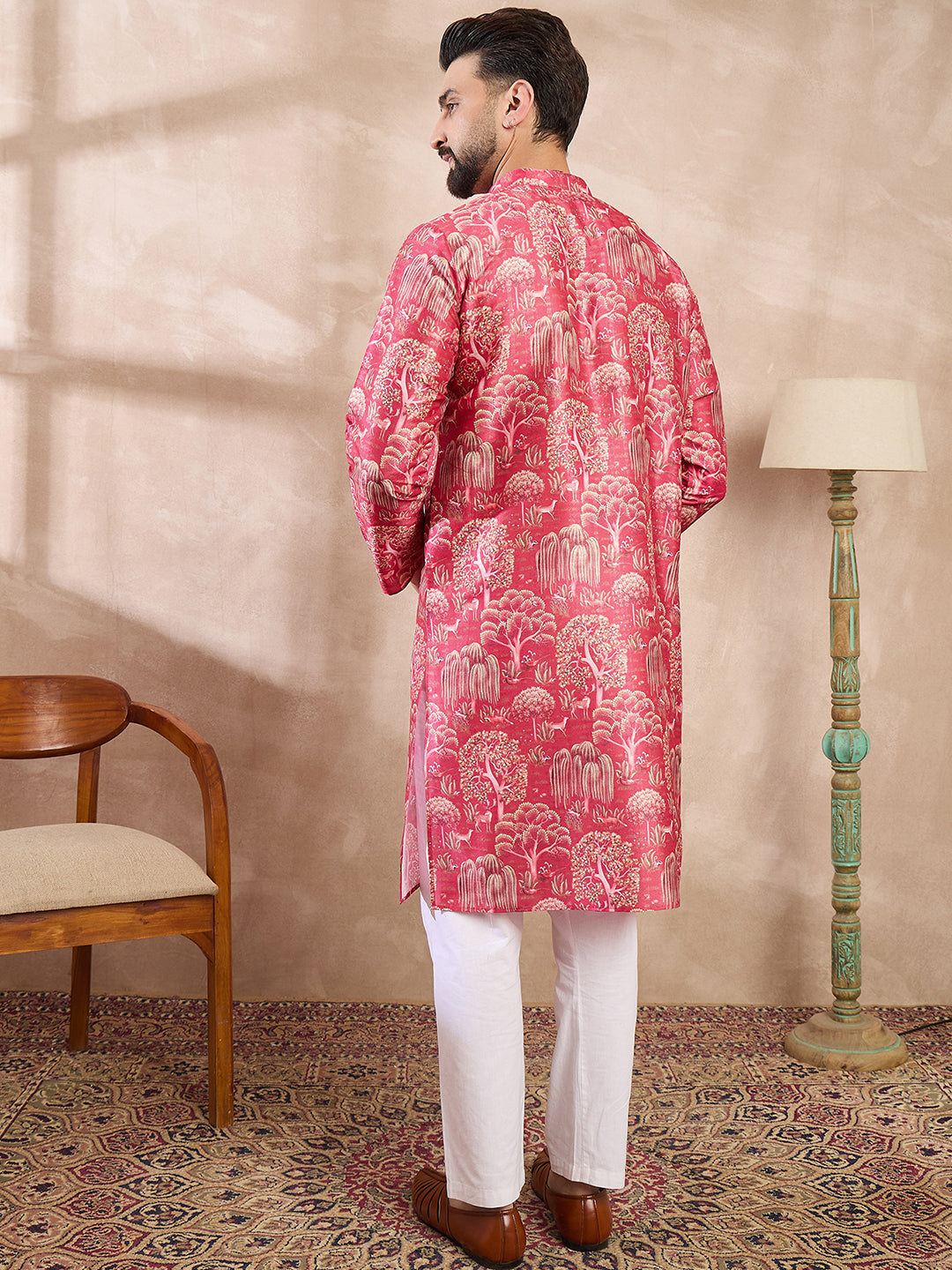 Men Pink Silk Blend Abstract Printed Straight Kurta With Trouser-MKSET1995