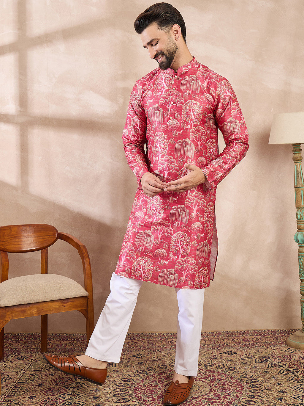 Men Pink Silk Blend Abstract Printed Straight Kurta With Trouser-MKSET1995