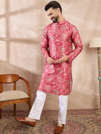 Men Pink Silk Blend Abstract Printed Straight Kurta With Trouser-MKSET1995
