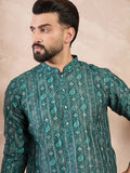 Men Green Silk Blend Ethnic Motifs Printed Straight Kurta With Trouser-MKSET1996