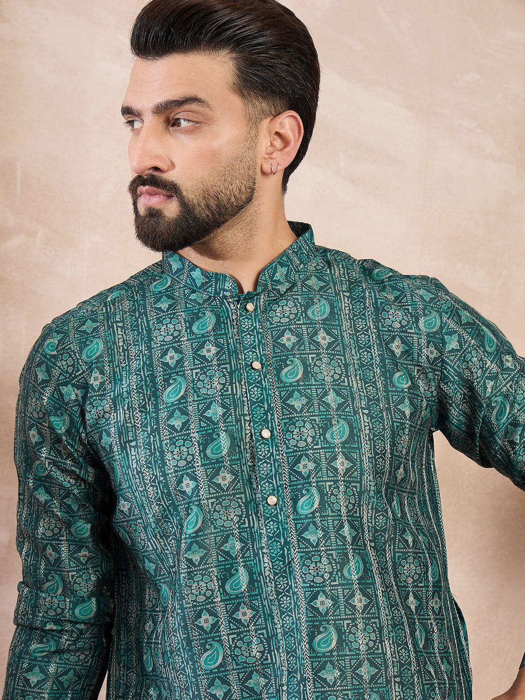 Men Green Silk Blend Ethnic Motifs Printed Straight Kurta With Trouser-MKSET1996