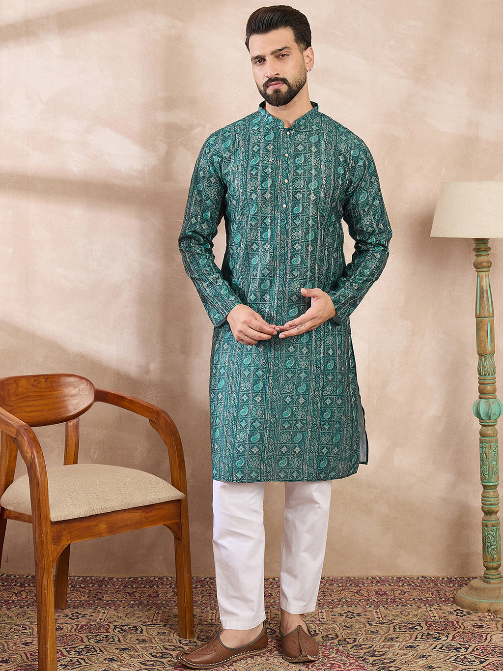 Men Green Silk Blend Ethnic Motifs Printed Straight Kurta With Trouser-MKSET1996
