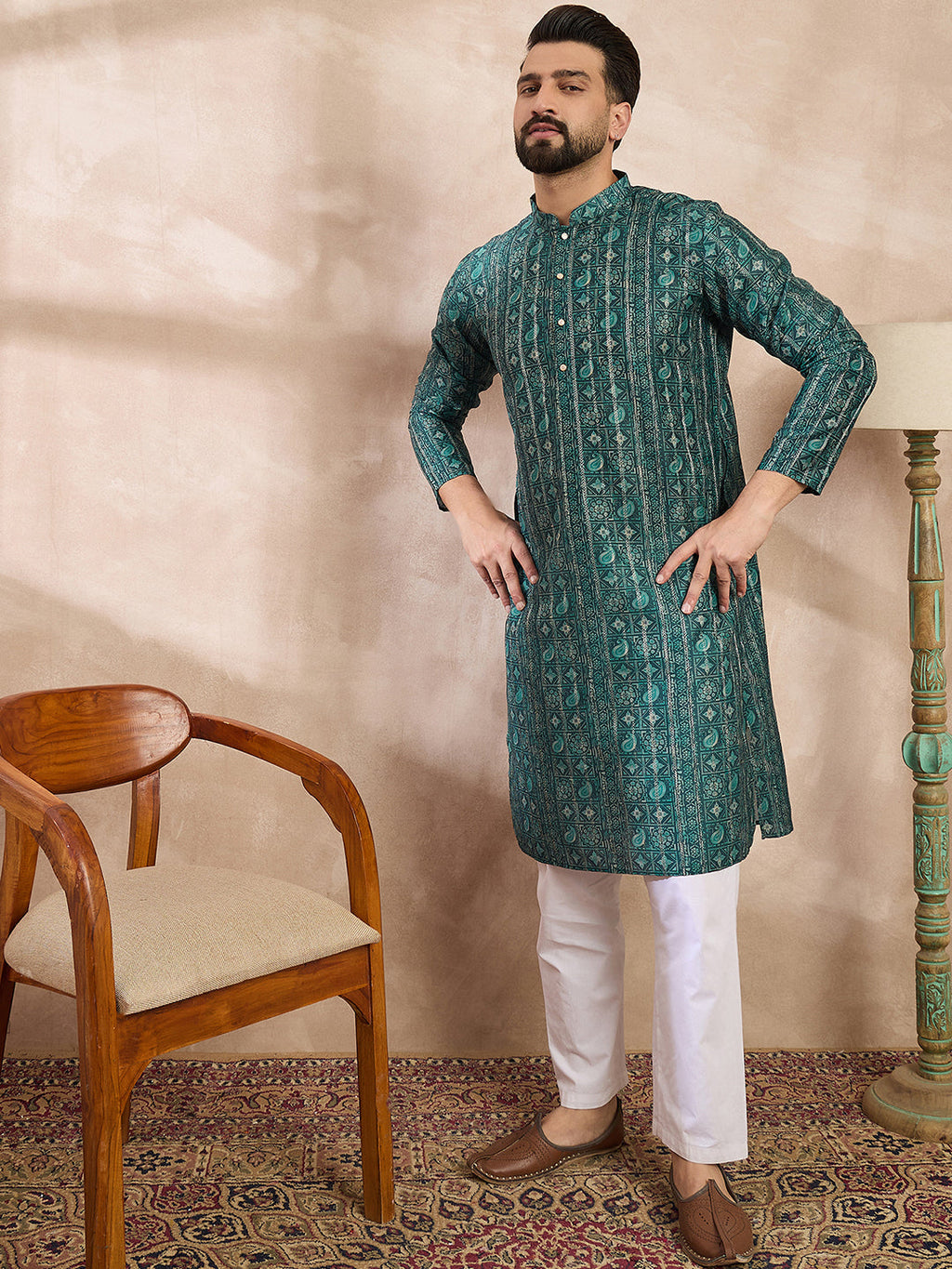 Men Green Silk Blend Ethnic Motifs Printed Straight Kurta With Trouser-MKSET1996