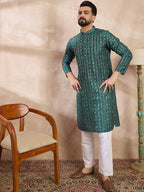 Men Green Silk Blend Ethnic Motifs Printed Straight Kurta With Trouser-MKSET1996