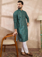 Men Green Silk Blend Ethnic Motifs Printed Straight Kurta With Trouser-MKSET1996