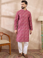 Men Pink Silk Blend Ethnic Motifs Printed Straight Kurta With Trouser-MKSET1997