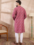 Men Pink Silk Blend Ethnic Motifs Printed Straight Kurta With Trouser-MKSET1997