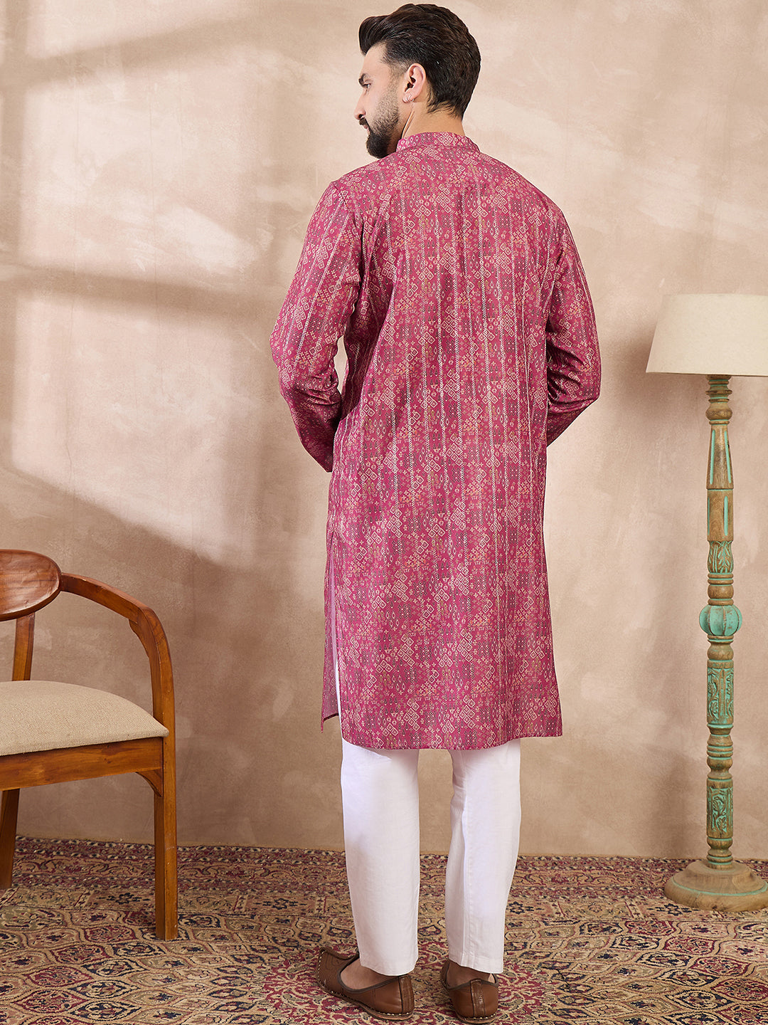 Men Pink Silk Blend Ethnic Motifs Printed Straight Kurta With Trouser-MKSET1997