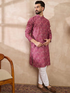 Men Pink Silk Blend Ethnic Motifs Printed Straight Kurta With Trouser-MKSET1997