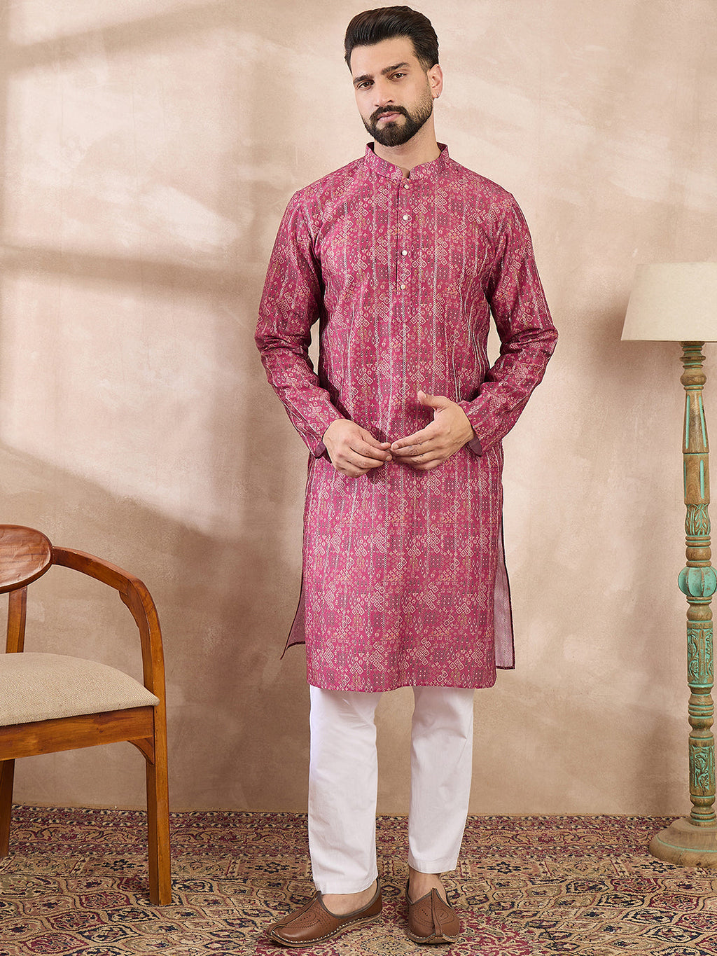Men Pink Silk Blend Ethnic Motifs Printed Straight Kurta With Trouser-MKSET1997
