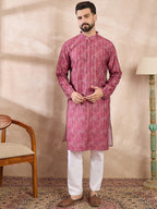 Men Pink Silk Blend Ethnic Motifs Printed Straight Kurta With Trouser-MKSET1997