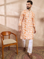 Men Orange Silk Blend Solid Embroidered Straight Kurta With Trouser-MKSET2002