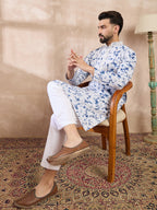 Men Blue Silk Blend Solid Embroidered Straight Kurta With Trouser-MKSET2004
