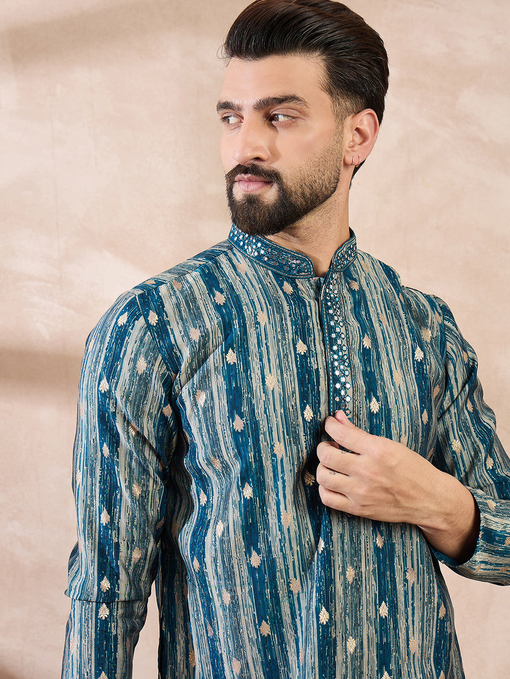 Men Turquoise Blue Silk Blend Abstract Printed Straight Kurta With Trouser-MKSET2005