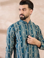 Men Turquoise Blue Silk Blend Abstract Printed Straight Kurta With Trouser-MKSET2005