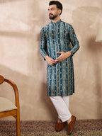 Men Turquoise Blue Silk Blend Abstract Printed Straight Kurta With Trouser-MKSET2005
