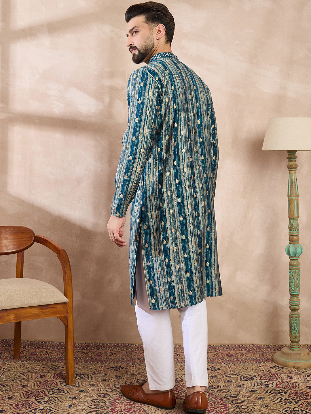 Men Turquoise Blue Silk Blend Abstract Printed Straight Kurta With Trouser-MKSET2005