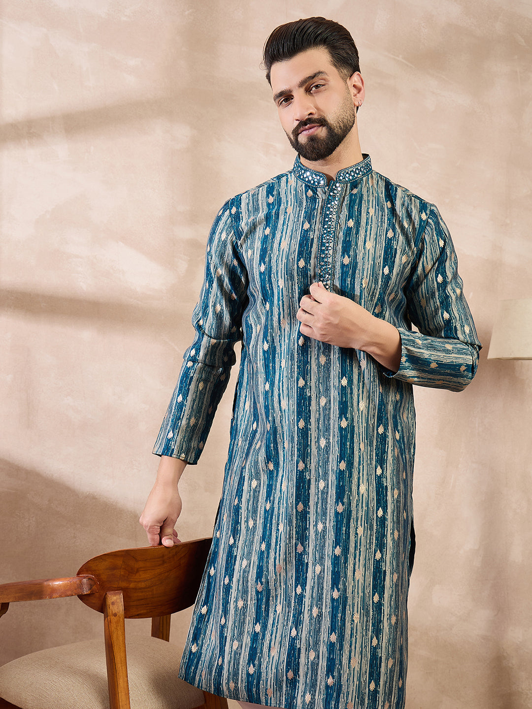 Men Turquoise Blue Silk Blend Abstract Printed Straight Kurta With Trouser-MKSET2005