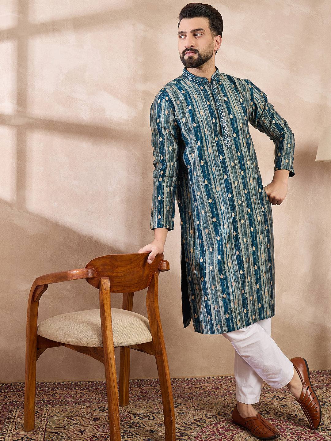 Men Turquoise Blue Silk Blend Abstract Printed Straight Kurta With Trouser-MKSET2005